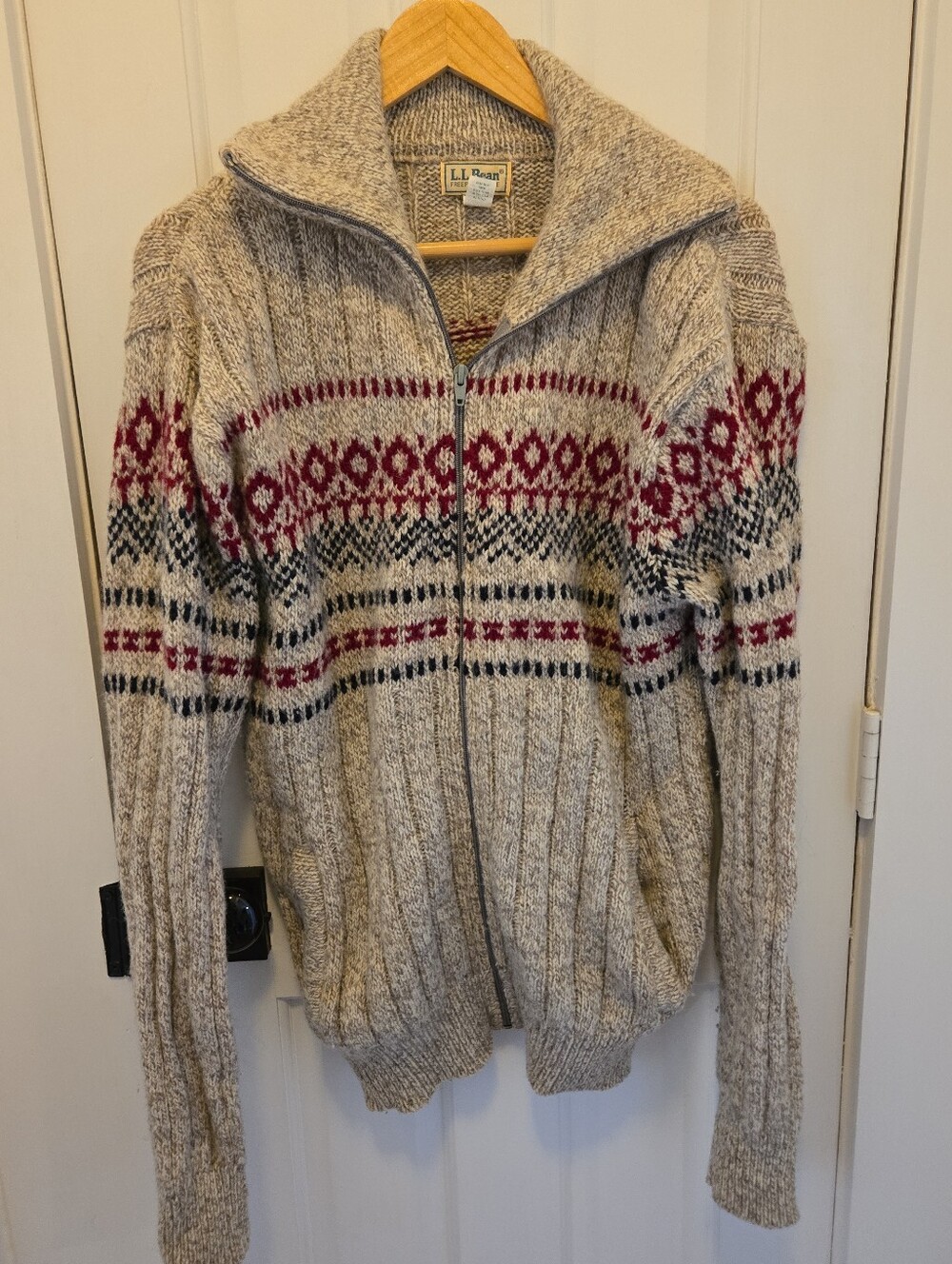 LL Bean Mens Tan Red Blue Fair Isle Wool Vintage Full Zip Sweater Size L